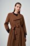 Belted Long Coat with Pleated Front Panel - Tan - 3