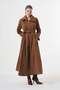 Belted Long Coat with Layered Front Detail - Brown