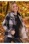 Gray Black Checkered Fur Lined Double Chest Pockets Extra Loose Comfortable Cut Hooded Women's Jacket Shirt