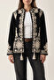 Women's Black Judge Collar Embroidered Tasseled Regular Fit Jacket - 2