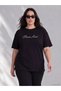 Two Mt Shop Quality Lcw Curve Black Combed Cotton Stoned Loose & Loose-Fitting Short Sleeve Women's T-Shirt