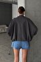 Oversize Women's Bomber Anthracite Suede Leather Jacket - 3