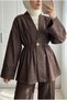 Women's Denim Look Gathered Waist Single Button Jacket Wide Leg Pants Two-Piece Set - 2