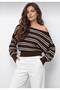 Asymmetrical Cut Boat Neck Striped Knit Sweater