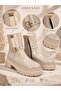 Bety Beige Faux Leather Buckle Detailed Waterproof Thick Serrated Sole Zippered Women's Winter Boots - 3