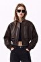 Oversize Bomber Zippered Double-Pocket Ribbed Light Brown Leather Jacket