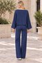 Women's Boat Neck Long Sleeve Bat Sleeve Stretchy Lycra Sweatshirt and Elastic Waist Pocketed Wide Leg Lycra Stretchy Pants Navy Blue Two-Piece Set - 7