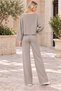Women's Boat Neck Long Sleeve Bat Sleeve Stretchy Lycra Sweatshirt and Elastic Waist Pocketed Wide Leg Lycra Stretchy Pants Beige Two-Piece Set - 4