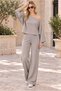 Women's Boat Neck Long Sleeve Bat Sleeve Stretchy Lycra Sweatshirt and Elastic Waist Pocketed Wide Leg Lycra Stretchy Pants Beige Two-Piece Set - 6
