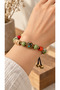 Green Red Wooden Beaded Bracelet with Gold Detail, Ethnic Design Women's Accessory