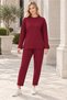 Women's Round Neck Long Sleeve Sweatshirt with Slit Detail in Lycra Stretch Fabric and Elastic Waist, Pocketed Legs with Woven Detail, Lycra Stretch Fabric Pants in Burgundy, Two-Piece Set - 2