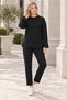 Women's Round Neck Long Sleeve Sweatshirt with Slit Detail in Lycra Stretch Fabric and Elastic Waist, Pocketed Legs with Woven Detail in Lycra Stretch Fabric, Black Two-Piece Set
