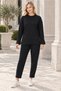 Women's Round Neck Long Sleeve Sweatshirt with Slit Detail in Lycra Stretch Fabric and Elastic Waist, Pocketed Legs with Woven Detail in Lycra Stretch Fabric, Black Two-Piece Set - 4