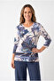 Women's Plus Size Lycra Crew Neck Patterned Three Quarter Sleeve Mom T-Shirt Combed Cotton Blouse - 4