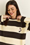 Women's Brown-Beige Striped Oversize Sweatshirt with Embroidery Detail 6206 60286534 - 5