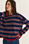 Women's Navy Blue-Red Crew Neck Striped Oversize Slim Knitwear Blouse 0543 60286536 - 4