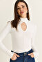 Women's White Drop Neck Detailed High Collar Modal Blouse Ca506 60286533