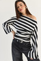 Women's Black Boat Neck Gathered Waist Thick Striped Draped Knitted Blouse 6209 60286520