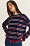 Women's Navy Blue-Red Crew Neck Striped Oversize Slim Knitwear Blouse 0543 60286536 - 3