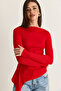 Women's Red Boat Neck Draped Asymmetrical Long Sleeve Modal Blouse 6191 60286535 - 2