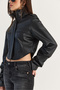 Women's Black Corset Detailed Draped Sleeves Cropped Faux Leather Jacket 8057 60286527 - 4