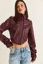 Women's Burgundy Corset Detailed Draped Sleeves Cropped Faux Leather Jacket 8057 60286527 - 3