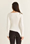 Women's White Boat Neck Draped Asymmetrical Long Sleeve Modal Blouse 6191 60286535 - 8