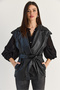 Women's Black Epaulet Belted Lined Faux Leather Vest with Pocket Detail 11171 60286530 - 2