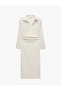 Slim Fit Long Sleeve Draped Bodycon Polo Collar Long Dress - 5