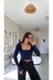 Navy Blue Square Neck Crop Cotton Long Sleeve Basic - 3