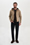 Slim Fit Suede Body Knitwear Sleeves Hooded Zippered Men's Coat Beige - 39683.26K - 3