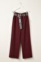 Burgundy Pocketed Belted Elastic Waist Straight Leg Casual Lycra Woven Trousers 100 60 - 2