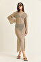 Women's Beige Glittery Mercerized Slit Detailed Backless Maxi Pareo 2769 60286429 - 5