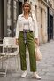 Green Pocketed Belted Elastic Waist Straight Leg Casual Lycra Woven Trousers 100 60 - 7