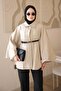 Beige Oversize Patterned Belted Cashmere Poncho - 4