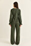 Women's Khaki Textured Square Neck Flounce Blouse Palazzo Trousers Set 607 60286545 - 7