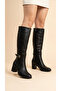 Women's Leather Look Zippered Buckle Thick Heeled Winter Below-Knee Boots