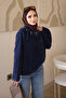 Navy Blue Crew Neck Stoned Angora Soft Knit Sweater