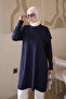 Navy Blue Mercerized Knitwear Tunic with Sleeve Collar Detail