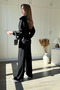 Zippered Waist Drawstring Modal Black Pants Cardigan Set - 6