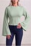 Women's çağla green crew neck waist-fitted women's spanish long sleeve blouse