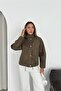 Women's Khaki Stand-Up Collar Snap-Fastened Suede Look Bomber Jacket Nbk010 - 5