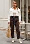 Brown Pocketed Belted Elastic Waist Straight Leg Casual Lycra Woven Trousers 100 60 - 7