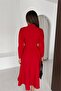 Women's Red Button Detailed Long Sleeve A-Line Midi Dress Nbk5022 - 5