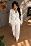 Women's Buttoned Shirt Collar Home Wear Ecru Pajama Set - 3