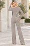 Women's Boat Neck Long Sleeve Off-Shoulder Lycra Stretch Top and Elastic Waist with Pockets Wide Leg Lycra Stretch Pants Beige Two-Piece Set - 3