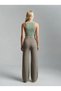 Women's Khaki Front Seam Detailed Elastic Waist Soft Textured Wide Leg Sweatpants - 3
