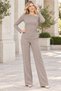 Women's Boat Neck Long Sleeve Off-Shoulder Lycra Stretch Top and Elastic Waist with Pockets Wide Leg Lycra Stretch Pants Beige Two-Piece Set - 2
