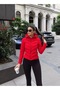Women's Red Hooded Contrast Puffer Coat Fitted Windproof Zipper Women's Coat - 2