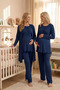 Navy blue robe maternity pajama set - cotton, double-breasted nursing collar, ruffle detailed 3-piece pregnancy set